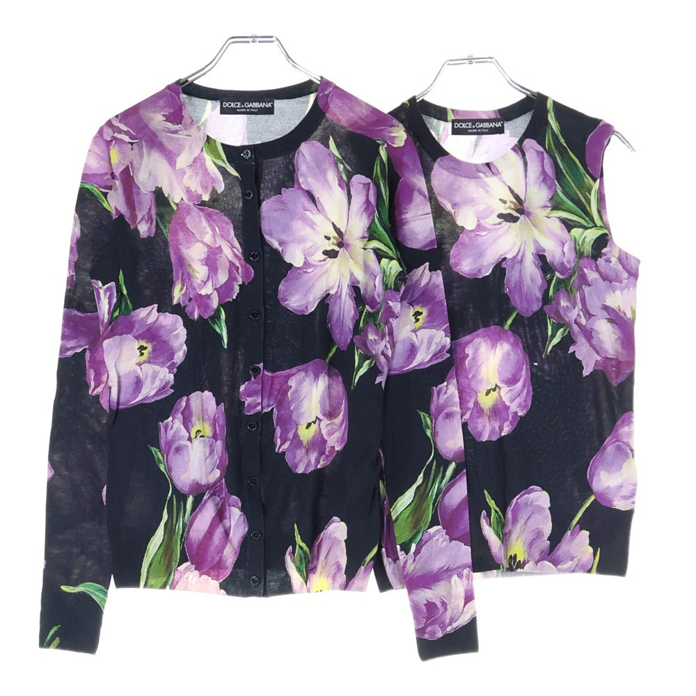 DOLCE & GABBANA(ドルチェアンドガッバーナ) フラワー総柄プリント アンサンブル シルク混 カシミヤ ニット クルーネック ノースリーブ 長袖カーディガン ブラック/パープル レディース FP813K