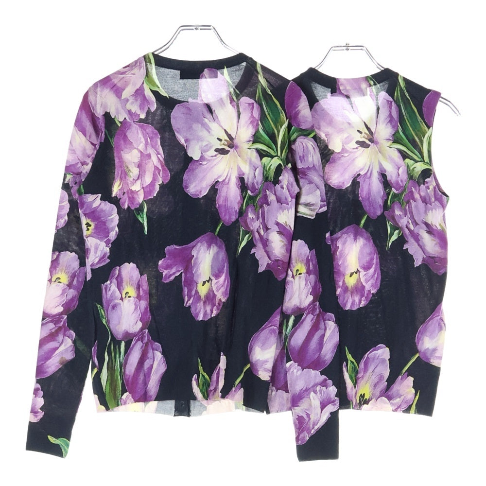 DOLCE & GABBANA(ドルチェアンドガッバーナ) フラワー総柄プリント アンサンブル シルク混 カシミヤ ニット クルーネック ノースリーブ 長袖カーディガン ブラック/パープル レディース FP813K