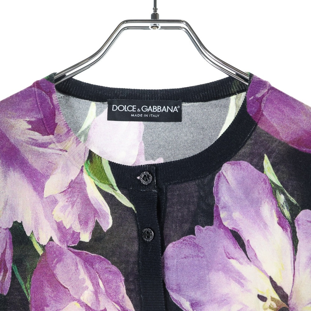 DOLCE & GABBANA(ドルチェアンドガッバーナ) フラワー総柄プリント アンサンブル シルク混 カシミヤ ニット クルーネック ノースリーブ 長袖カーディガン ブラック/パープル レディース FP813K