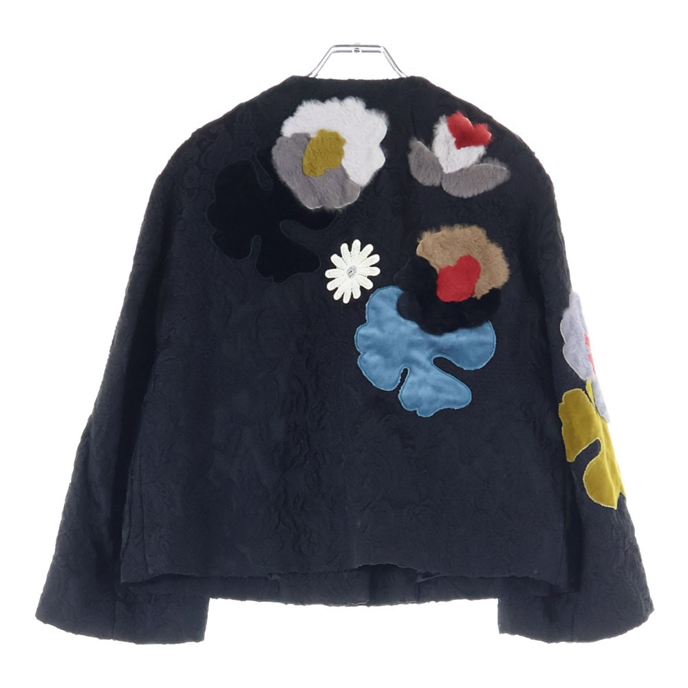 DOLCE & GABBANA(ドルチェアンドガッバーナ) セットアップ ジャガード総柄 ファー フラワーパッチ ノーカラー スナップボタン ジャケット ミディアム フレアスカート ブラック レディース F280DZ