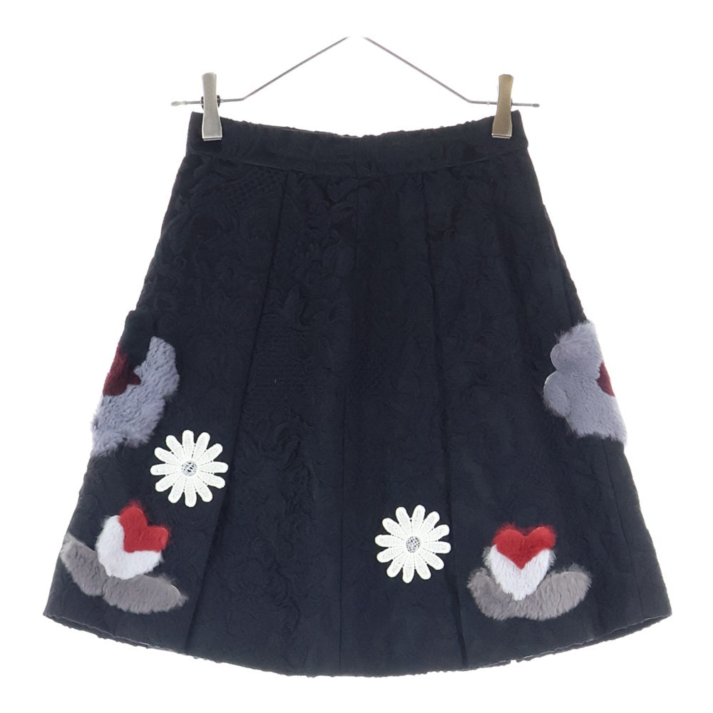 DOLCE & GABBANA(ドルチェアンドガッバーナ) セットアップ ジャガード総柄 ファー フラワーパッチ ノーカラー スナップボタン ジャケット ミディアム フレアスカート ブラック レディース F280DZ