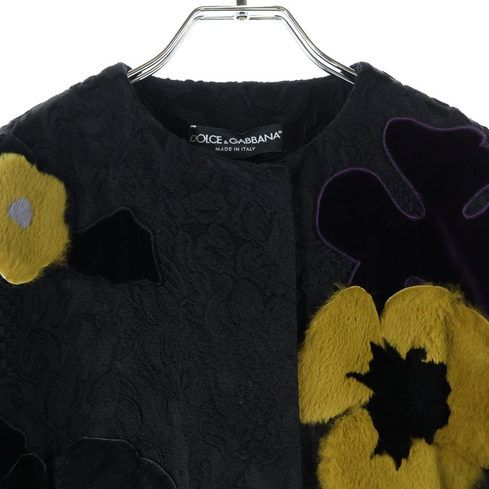 DOLCE & GABBANA(ドルチェアンドガッバーナ) セットアップ ジャガード総柄 ファー フラワーパッチ ノーカラー スナップボタン ジャケット ミディアム フレアスカート ブラック レディース F280DZ