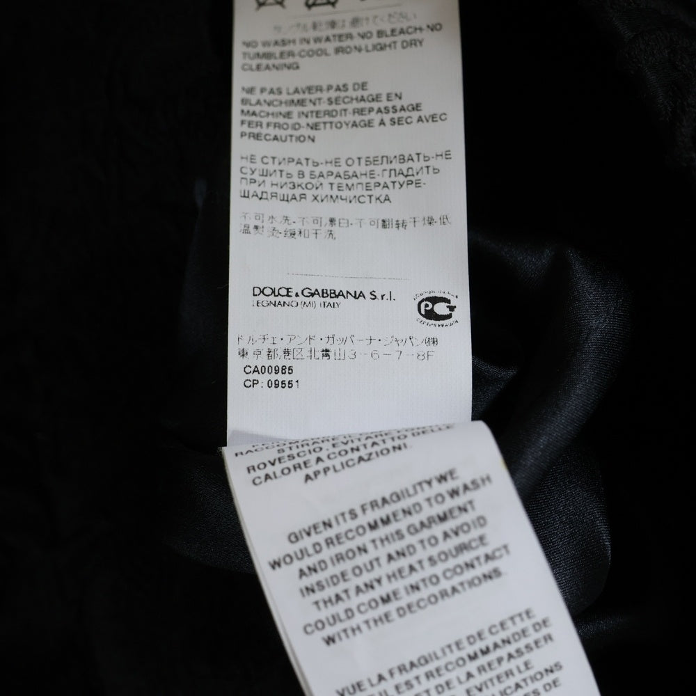 DOLCE & GABBANA(ドルチェアンドガッバーナ) セットアップ ジャガード総柄 ファー フラワーパッチ ノーカラー スナップボタン ジャケット ミディアム フレアスカート ブラック レディース F280DZ