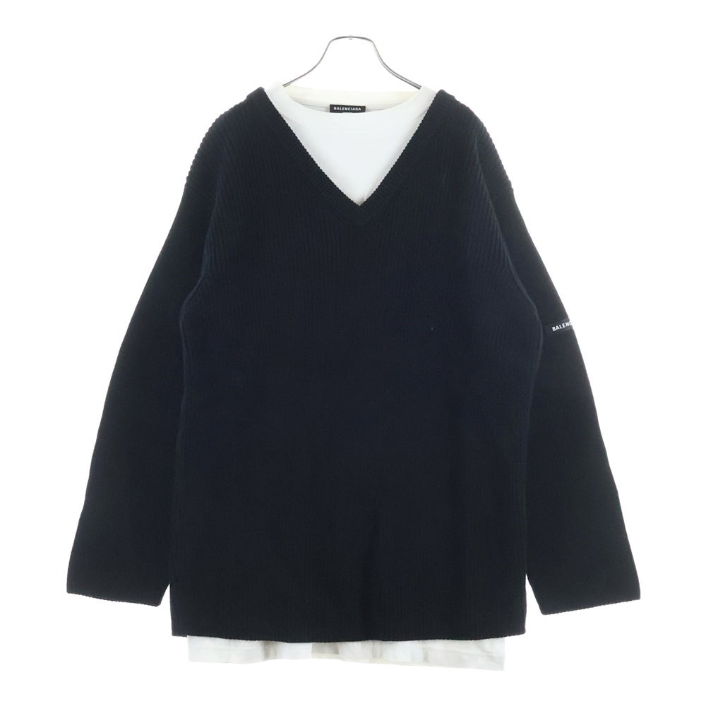BALENCIAGA(バレンシアガ) 21AW ラバーワッペンロゴ Tシャツレイヤード Vネック 長袖ニット セーター ブラック/ホワイト 678555