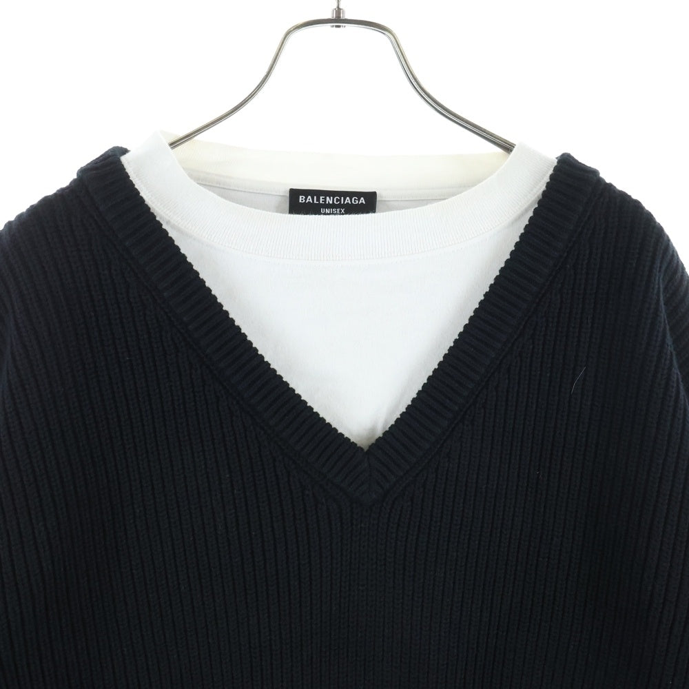 BALENCIAGA(バレンシアガ) 21AW ラバーワッペンロゴ Tシャツレイヤード Vネック 長袖ニット セーター ブラック/ホワイト 678555
