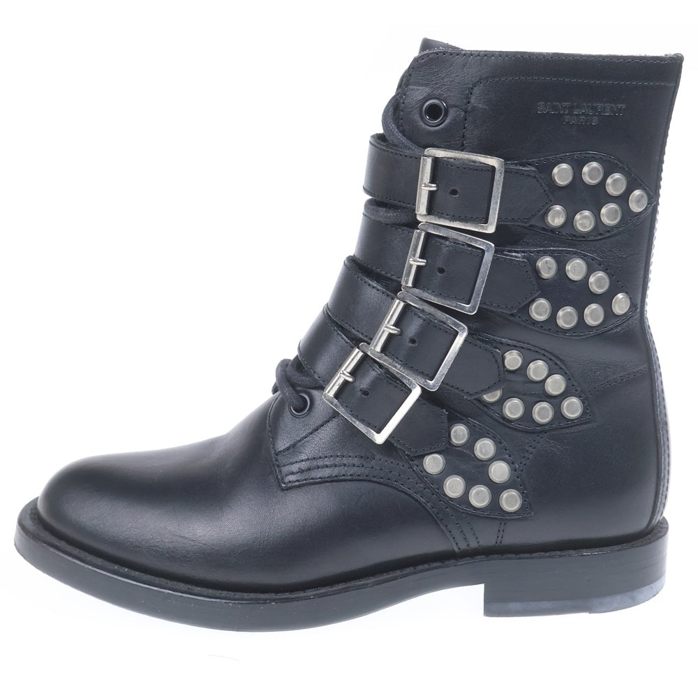 SAINT LAURENT PARIS(サンローランパリ) スタッズ ベルトデザイン レースアップ ショートブーツ シューズ ブラック レディース