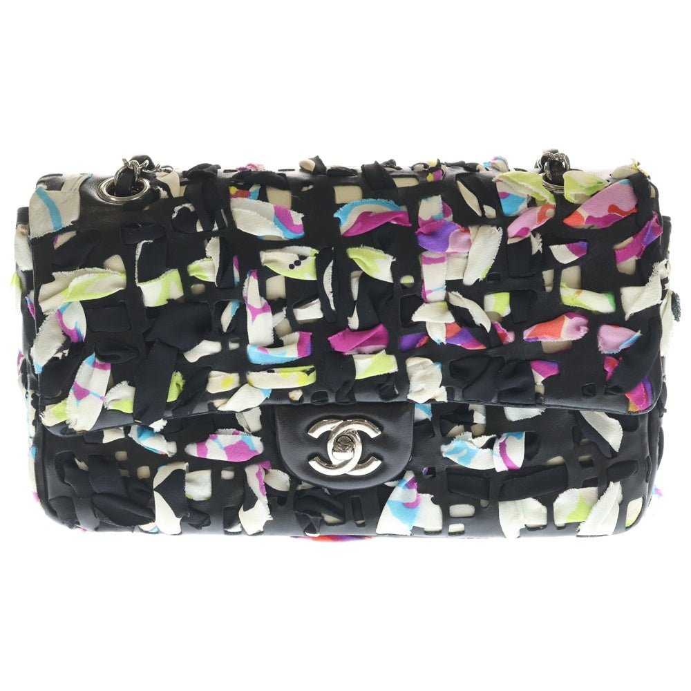 CHANEL(シャネル) ココマーク チェーンショルダーバッグ ブラック マルチカラー レザー×シルク シルバー金具