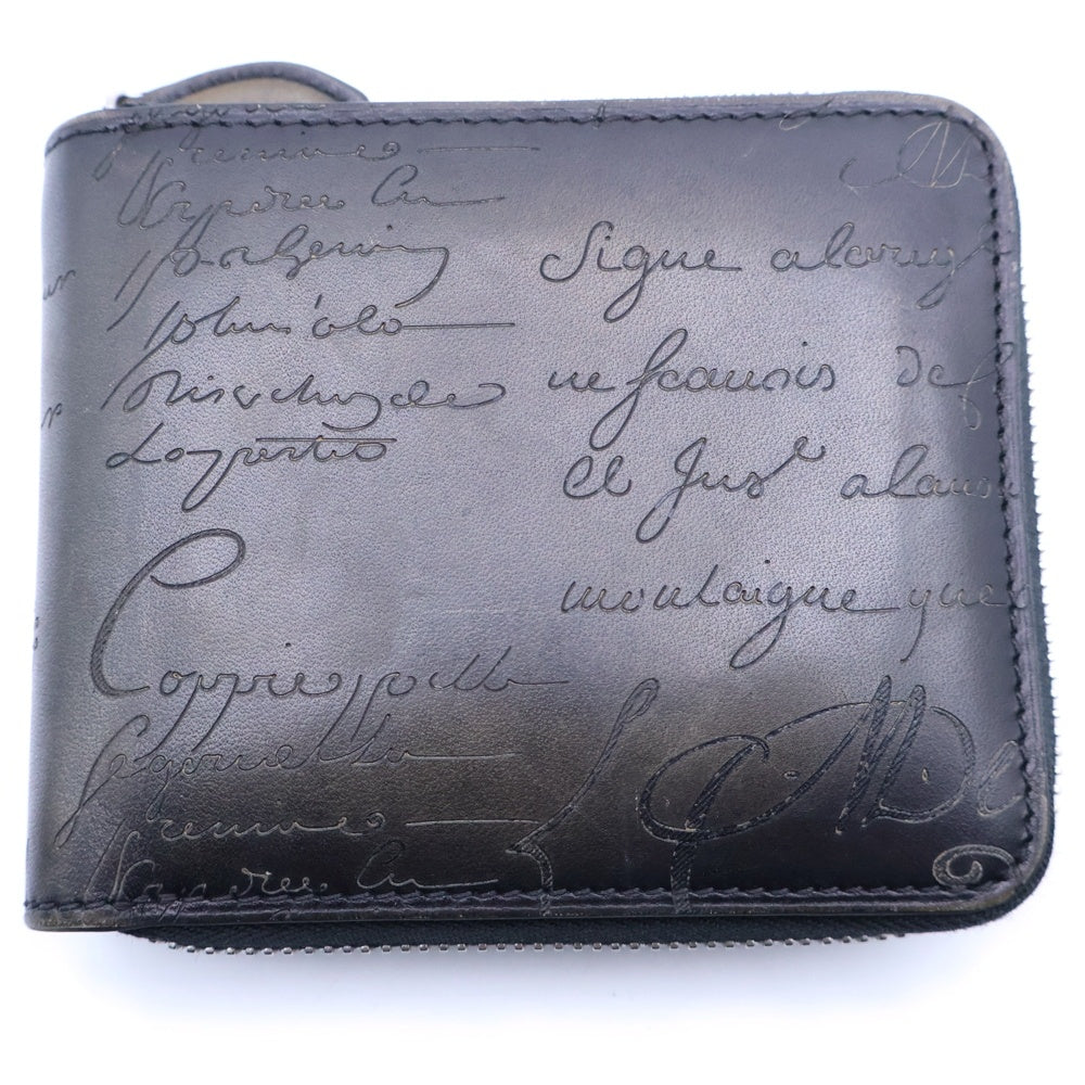 Berluti(ベルルッティ) カリグラフィ コンパクトジップウォレット 財布 コインケース ダークグレー ブラック レザー シルバー金具