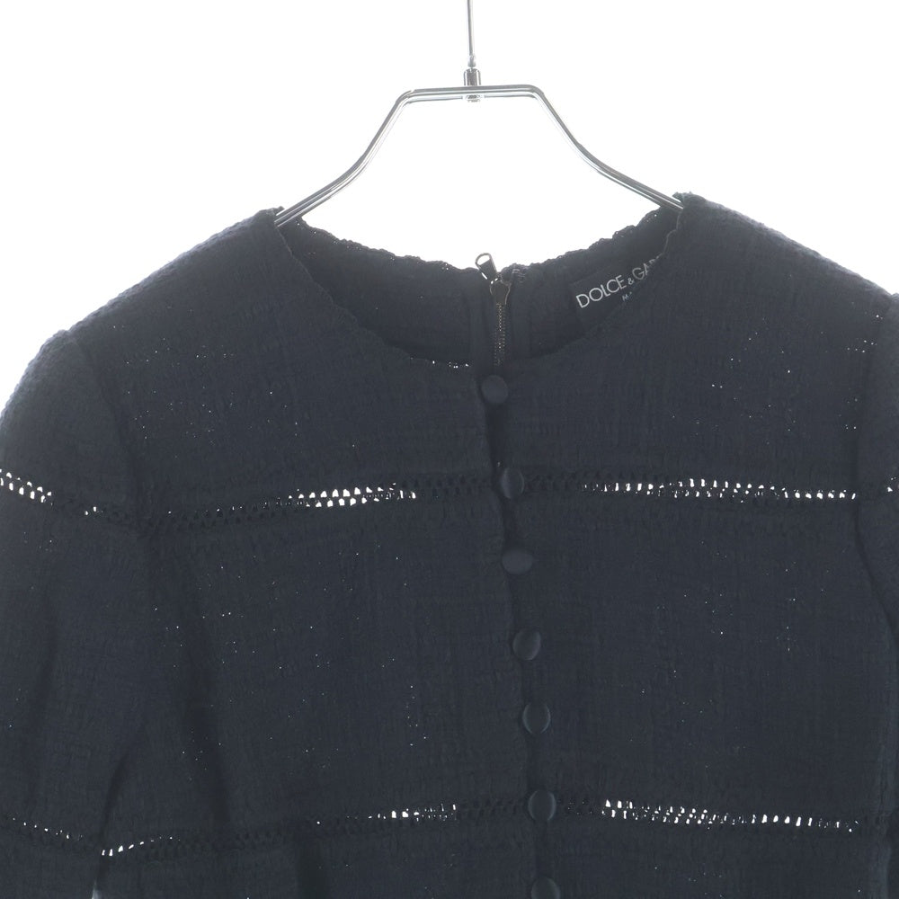 DOLCE & GABBANA(ドルチェアンドガッバーナ) ウールツイード ノーカラー ショートスリーブ バックジップ トップス ブラック レディース F260PT
