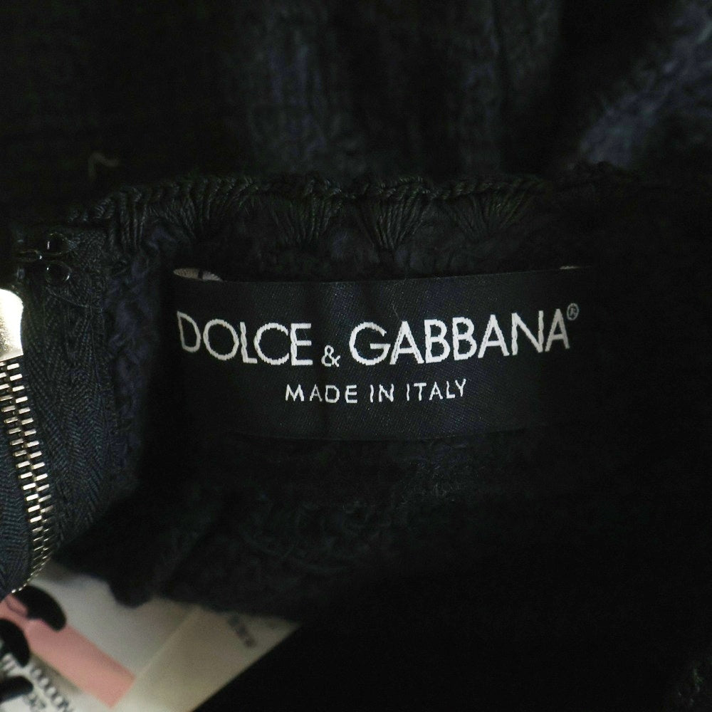 DOLCE & GABBANA(ドルチェアンドガッバーナ) ウールツイード ノーカラー ショートスリーブ バックジップ トップス ブラック レディース F260PT