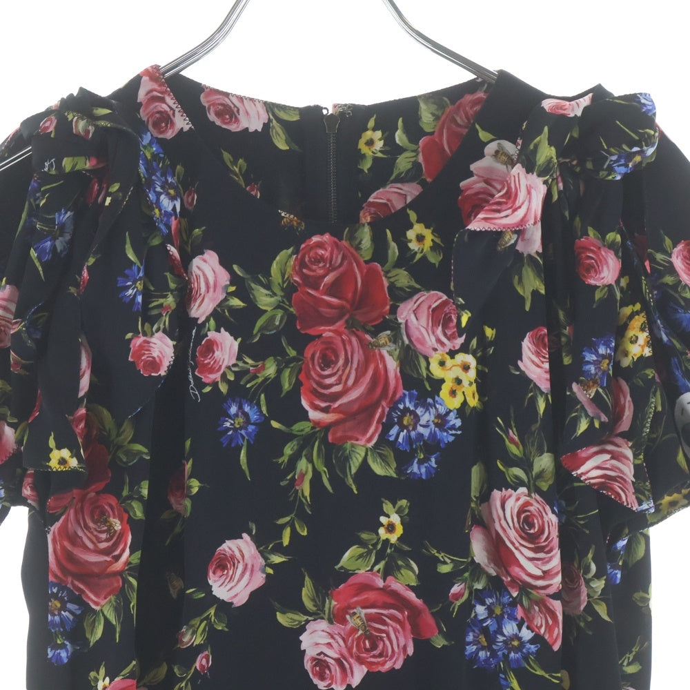 DOLCE & GABBANA(ドルチェアンドガッバーナ) フラワー総柄プリント ボタンデザイン ショートスリーブ ワンピース ブラック レディース F64X6Z