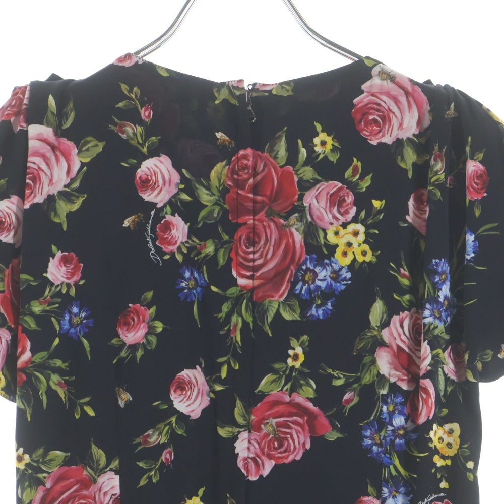 DOLCE & GABBANA(ドルチェアンドガッバーナ) フラワー総柄プリント ボタンデザイン ショートスリーブ ワンピース ブラック レディース F64X6Z