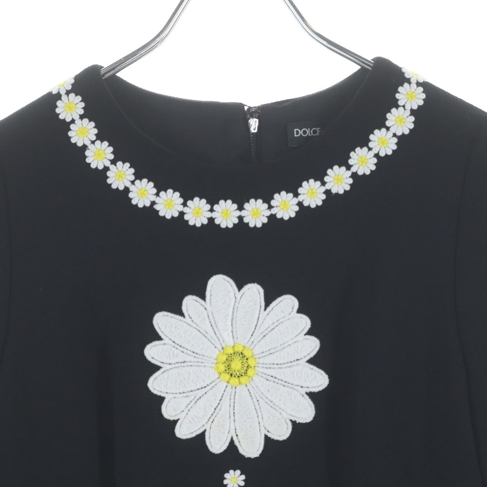 DOLCE & GABBANA(ドルチェアンドガッバーナ) フラワー デイジー刺繍 ウール ハーフスリーブ ワンピース ブラック レディース F6UM4Z