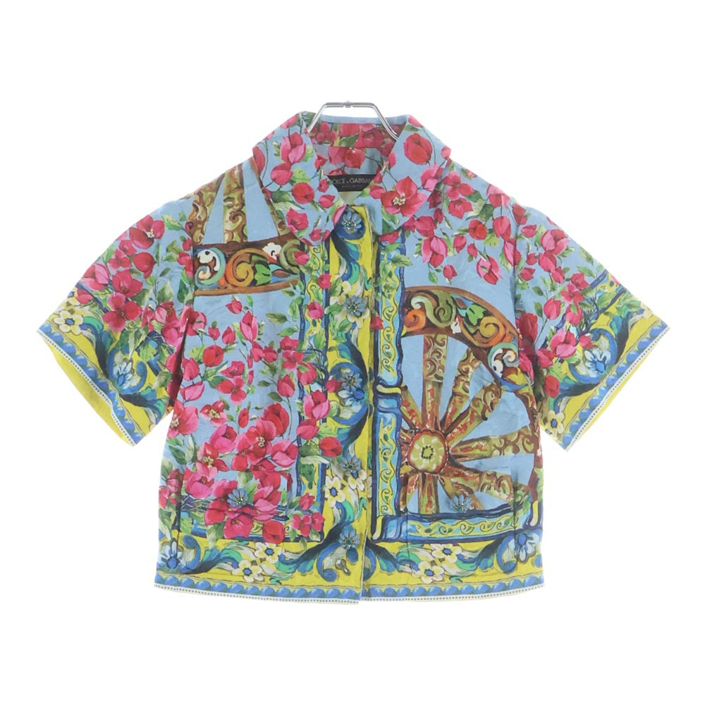 DOLCE & GABBANA(ドルチェアンドガッバーナ) フラワー総柄プリント ジャガード ビジューボタン ショートスリーブ 丸襟 ステンカラージャケット ライトブルー レディース F270PT