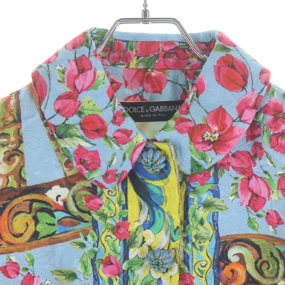 DOLCE & GABBANA(ドルチェアンドガッバーナ) フラワー総柄プリント ジャガード ビジューボタン ショートスリーブ 丸襟 ステンカラージャケット ライトブルー レディース F270PT