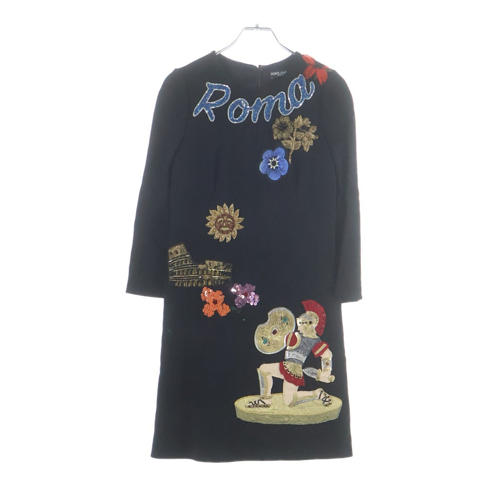 DOLCE & GABBANA(ドルチェアンドガッバーナ) ROMA ワッペン スパンコール刺繍 ハーフスリーブ ワンピース ブラック レディース F6WP4Z