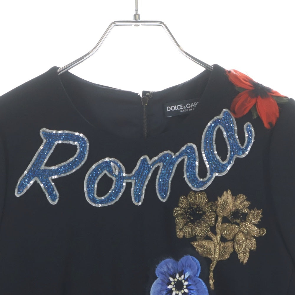DOLCE & GABBANA(ドルチェアンドガッバーナ) ROMA ワッペン スパンコール刺繍 ハーフスリーブ ワンピース ブラック レディース F6WP4Z