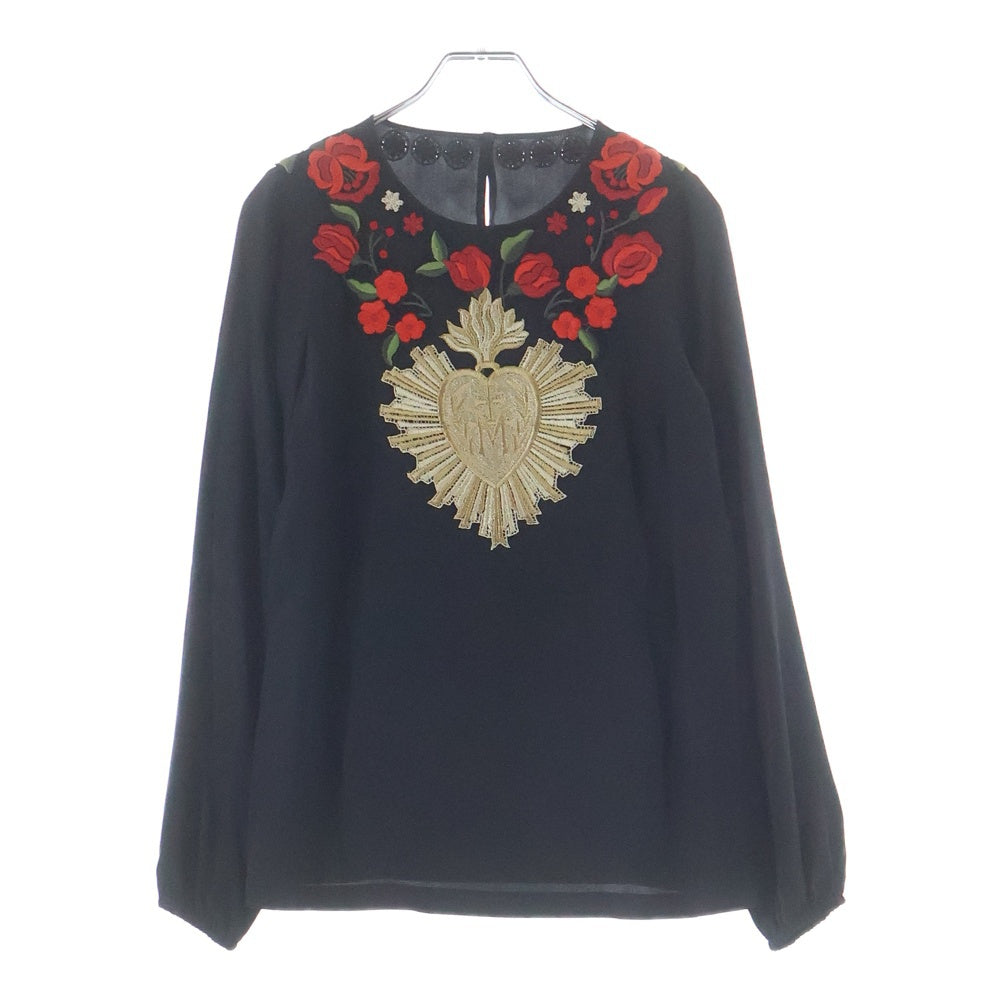 DOLCE & GABBANA(ドルチェアンドガッバーナ) エンブレム フラワー刺繍 シルク 長袖トップス ブラック レディース F7O55T