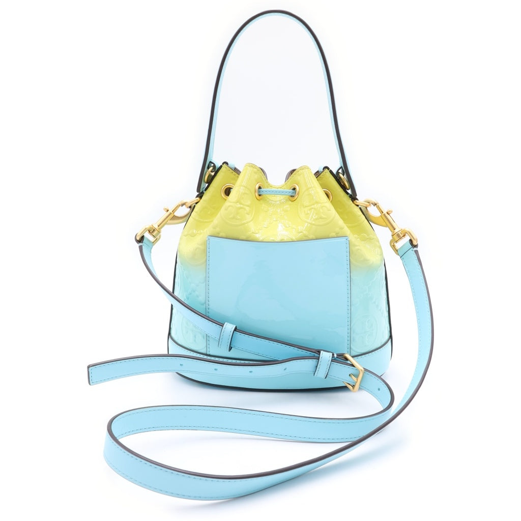 TORY BURCH(トリー バーチ) Tモノグラム バケットバッグ 2WAYバッグ ショルダーバッグ ライトブルー×イエロー エナメル ゴールド金具 レディース