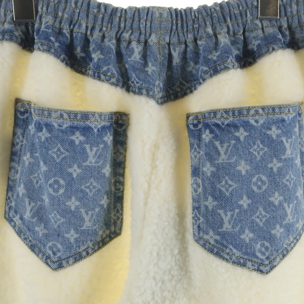 LOUIS VUITTON(ルイヴィトン) モノグラム アクセント ボアフリース デニム ジョギング トラック パンツ ホワイト/インディゴ RW261WW BY9 FUPX38 レディース