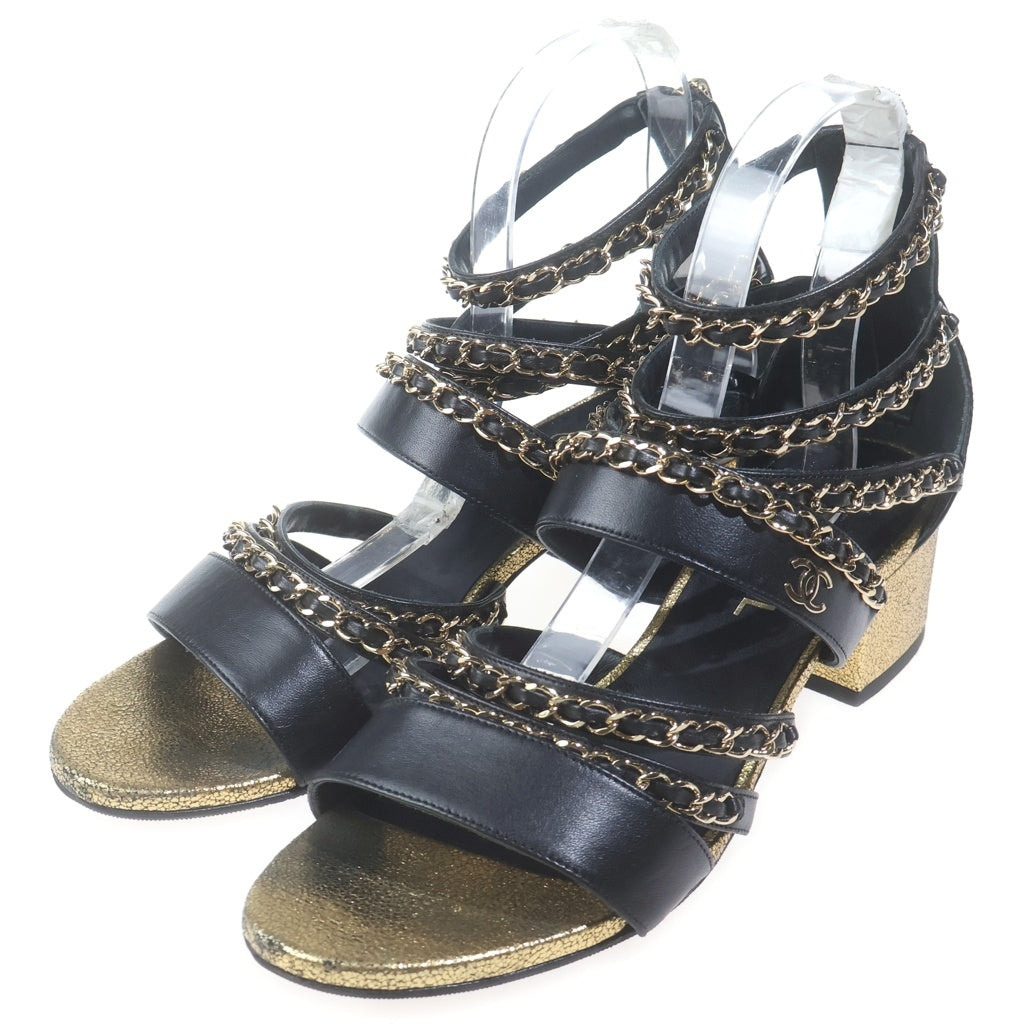 CHANEL(シャネル) OTHER OPEN SHOES ココマーク アザーオープンシューズ ヒールレザーサンダル チェーン装飾 ブラック/ゴールド G34921 Y53356 レディース