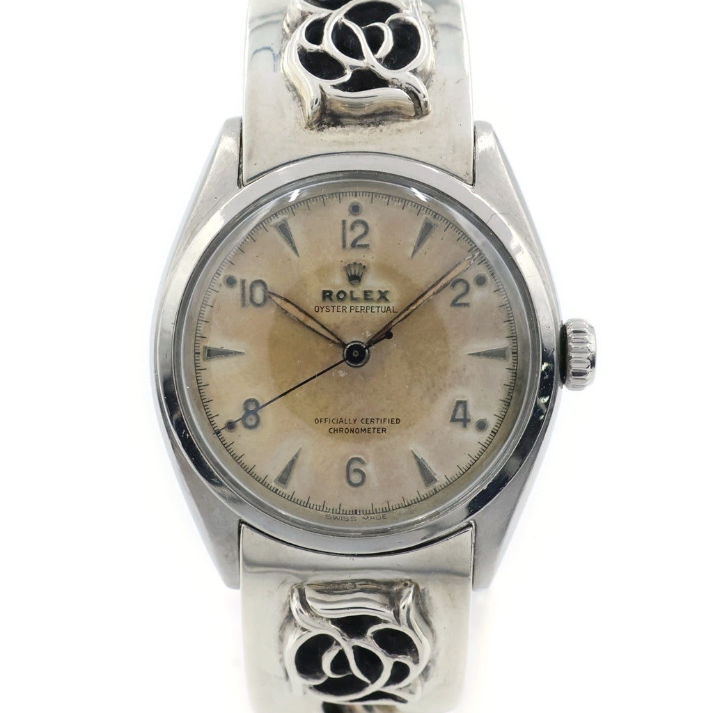 ROLEX(ロレックス) ×CHROME HEARTS フローラル クラシックチェーン ウォッチブレスレット オイスターパーペチュアル セミバブルバック シルバー文字盤 SS×SV/AT オートマ 自動巻き 腕時計 シルバー 6084
