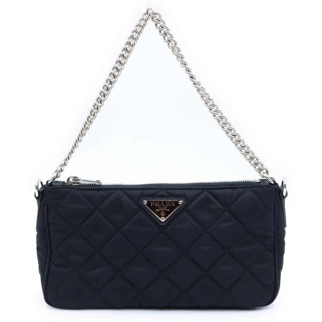PRADA(プラダ) トライアングルロゴ テスート ナイロン 2WAY キルティング チェーンショルダーバッグ ハンドバッグ ブラック 1BH026 レディース