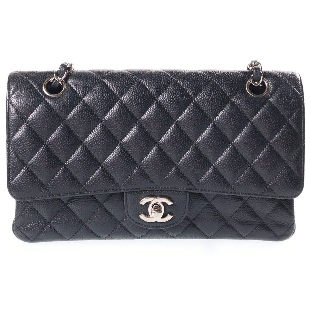 CHANEL(シャネル) マトラッセ25 Wフラップ Wチェーン19番台 チェーンショルダーバッグ ブラック キャビアスキン A01112 シルバー金具 レディース