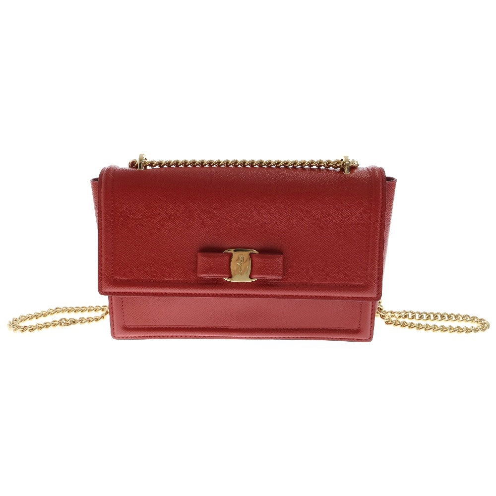 Salvatore Ferragamo(サルヴァトーレ フェラガモ) ヴァラ チェーンショルダーバッグ レッド レザー ゴールド金具 斜め掛けバッグ