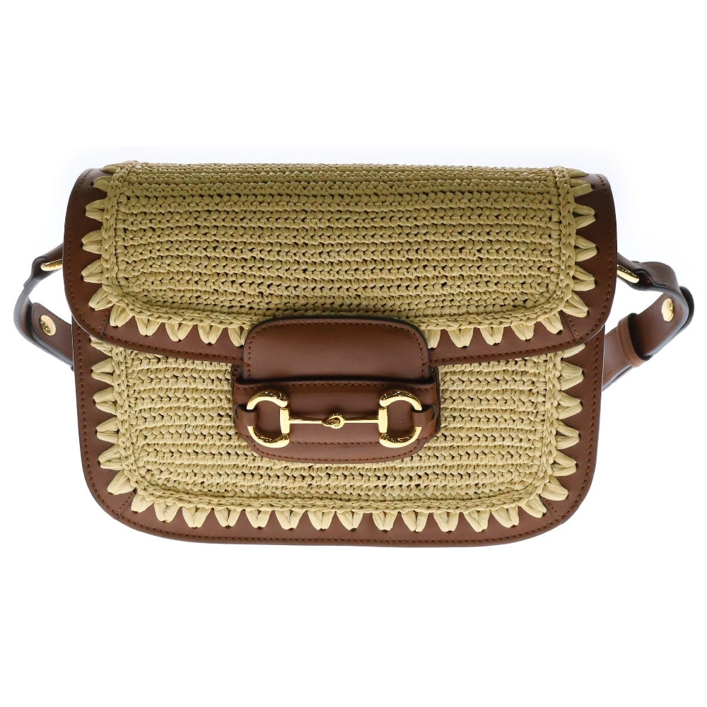 GUCCI(グッチ) ホースビット1955 ショルダーバッグ ラフィア ブラウン レザー×ストロー 602204