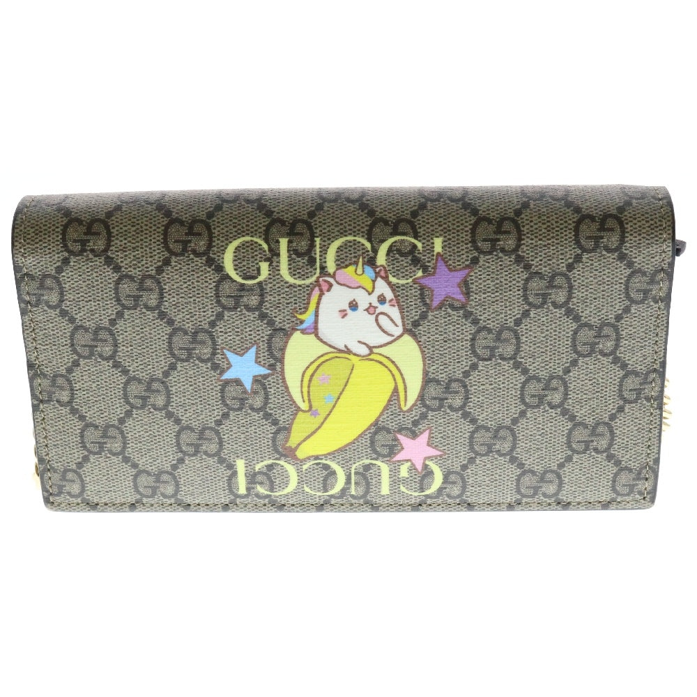 GUCCI(グッチ) GGスプリーム レインボー&ハートスター ばなにゃ チェーンウォレット 長財布 ショルダーバッグ ベージュ PVCレザー 701061