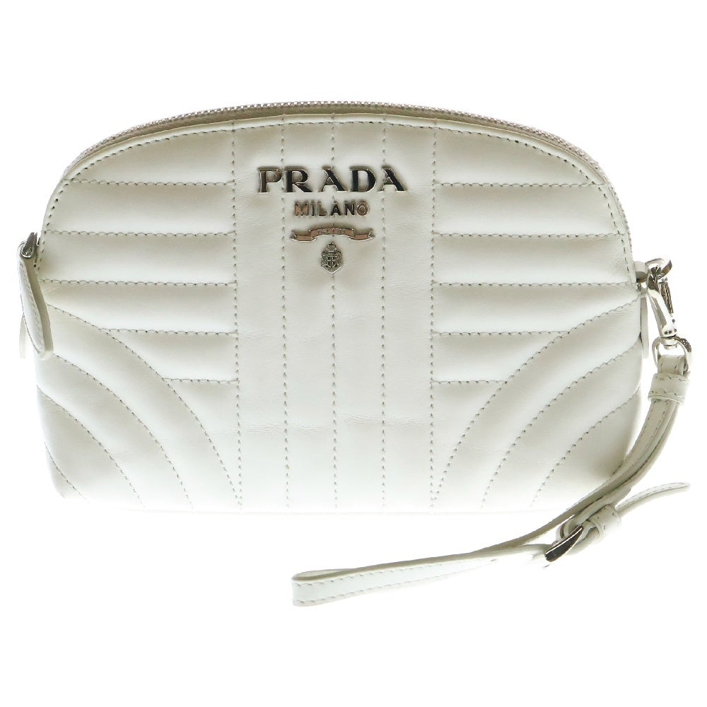 PRADA(プラダ) ストラップ付 ロゴ キルティング レザー ポーチ 小物入れ ホワイト レディース