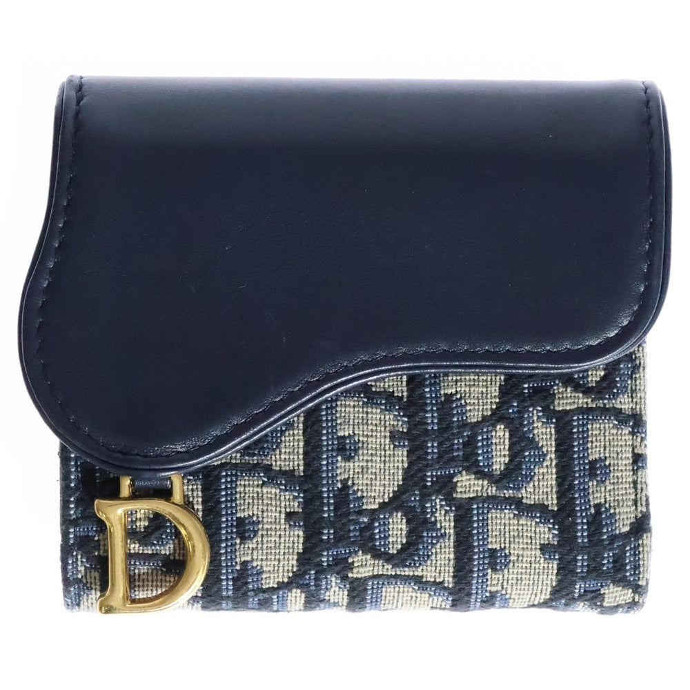 Christian Dior(クリスチャンディオール) サドル ロータスウォレット コンパクトウォレット コインケース 三つ折り財布 ネイビー レザー×キャンバス ゴールド金具S5652CNKO_M928