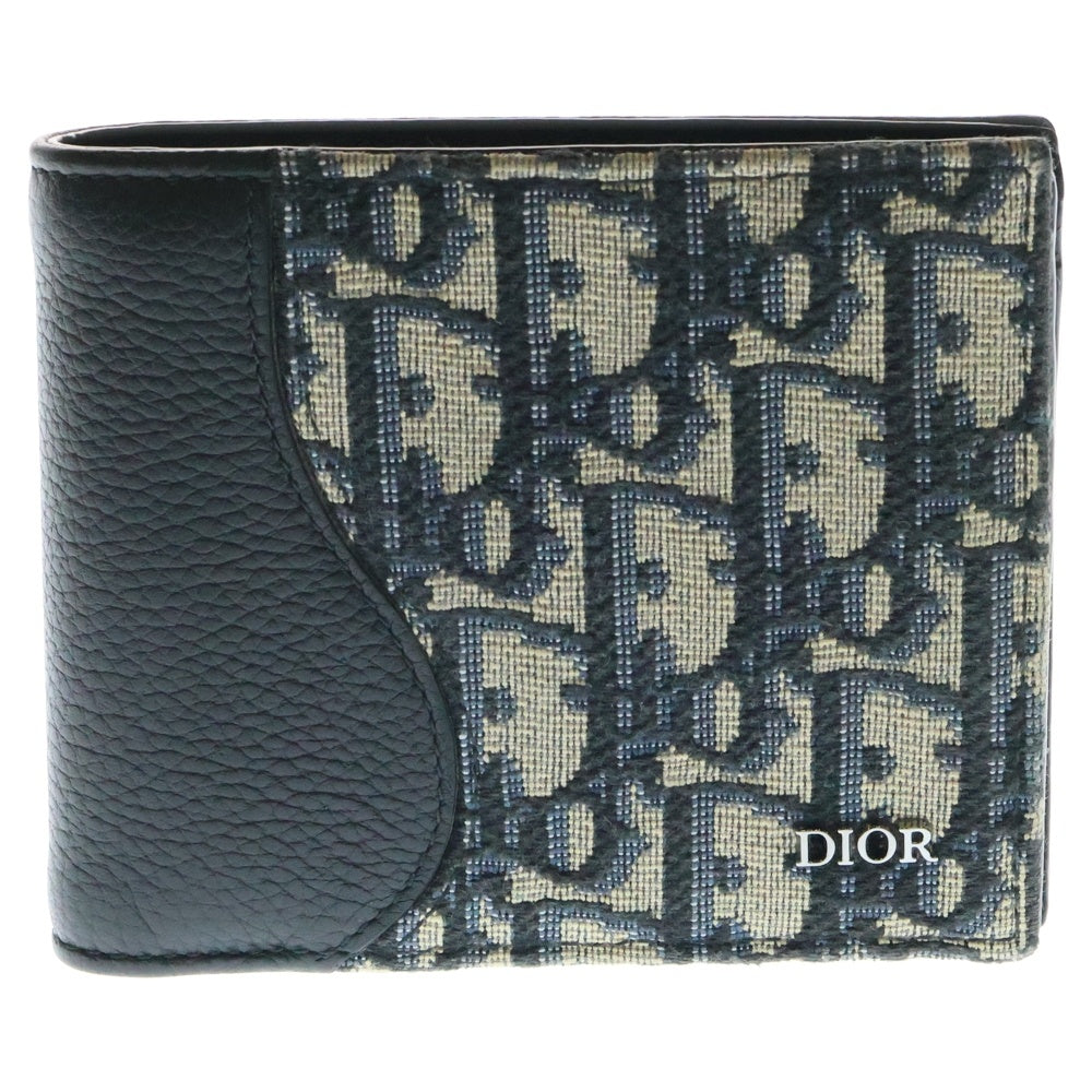 Christian Dior(クリスチャンディオール) オブリーク ロゴプレート サドル レザー キャンバス コンパクトウォレット 二つ折り財布 ブラック/ネイビー 2ADBC306YKS H05E