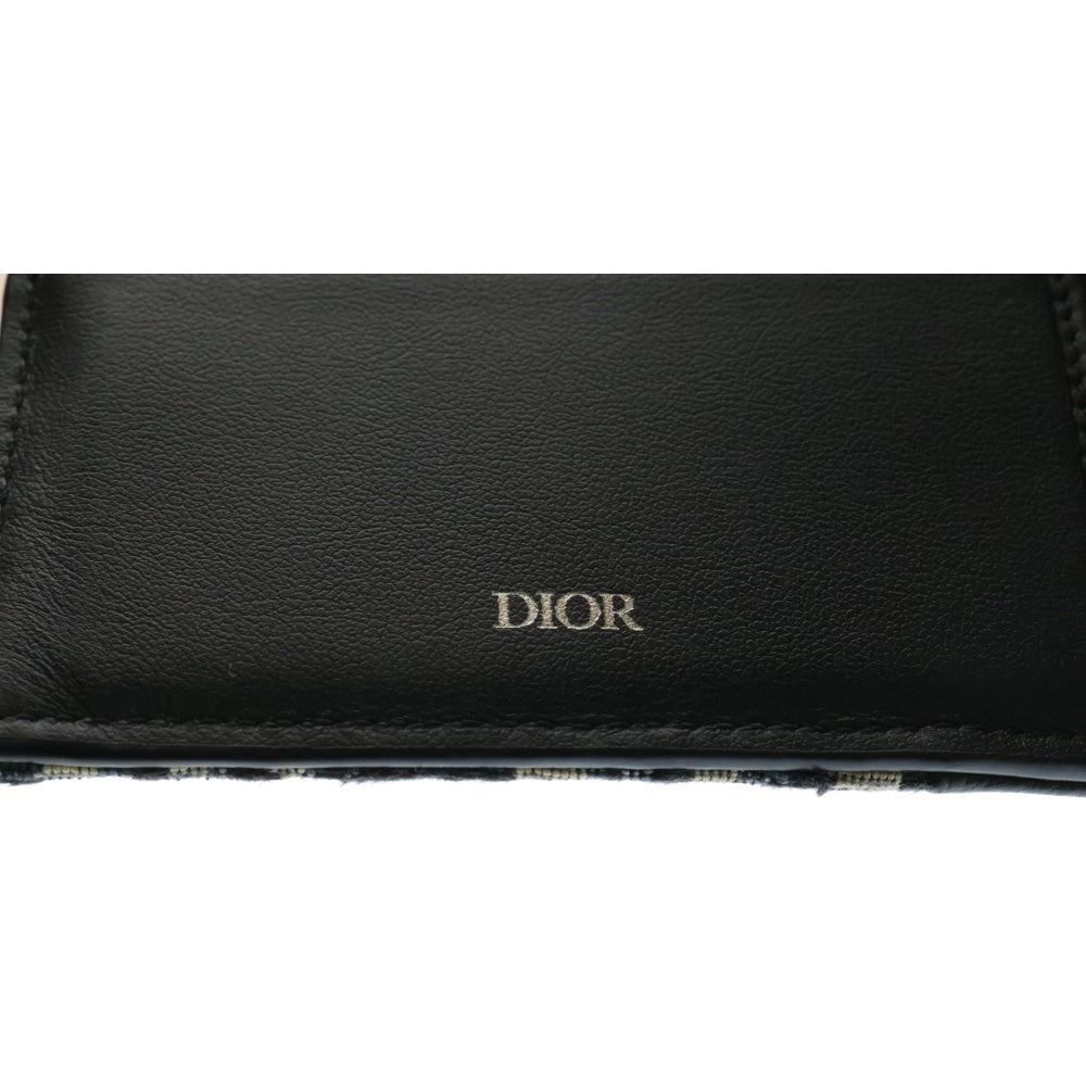 Christian Dior(クリスチャンディオール) オブリーク ロゴプレート サドル レザー キャンバス コンパクトウォレット 二つ折り財布 ブラック/ネイビー 2ADBC306YKS H05E