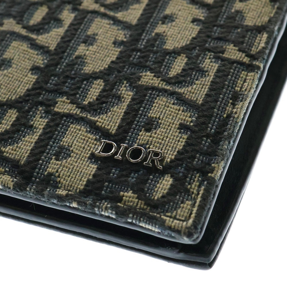 Christian Dior(クリスチャンディオール) オブリーク ロゴプレート サドル レザー キャンバス コンパクトウォレット 二つ折り財布 ブラック/ネイビー 2ADBC306YKS H05E