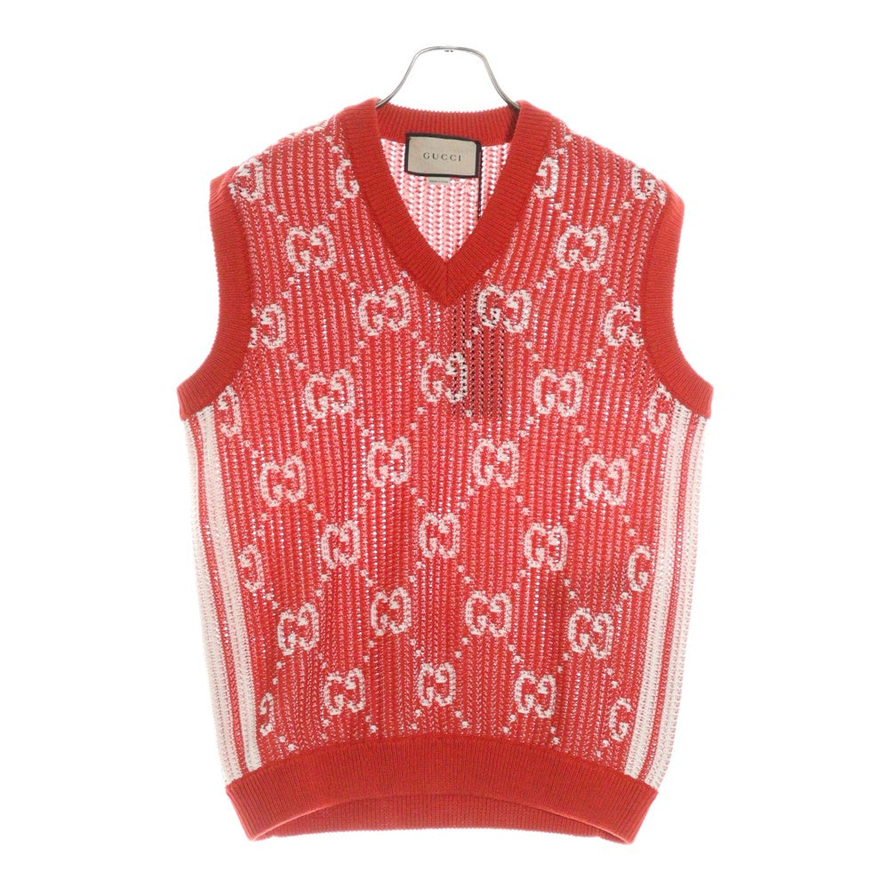 GUCCI(グッチ) GG ジャガード 総柄 Vネック ノースリーブ プルオーバー コットンニット ベスト レッド 752543