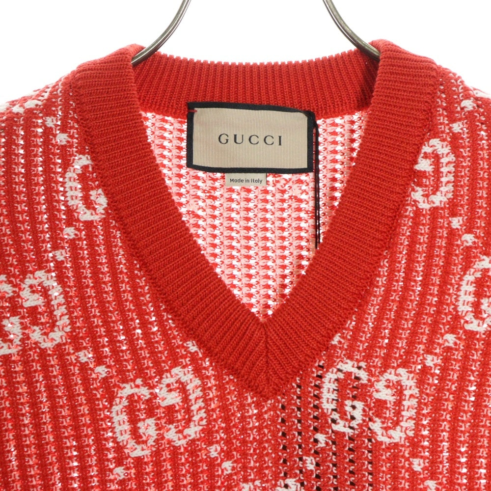 GUCCI(グッチ) GG ジャガード 総柄 Vネック ノースリーブ プルオーバー コットンニット ベスト レッド 752543
