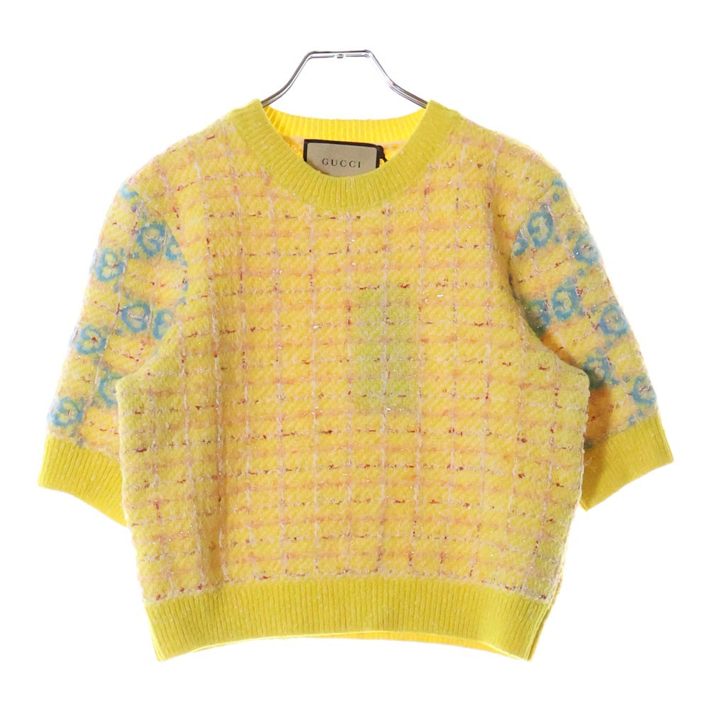 GUCCI(グッチ) GG 切り替え チェック柄 ファンシーツイード クルーネック 半袖ニット セーター イエロー レディース 749026