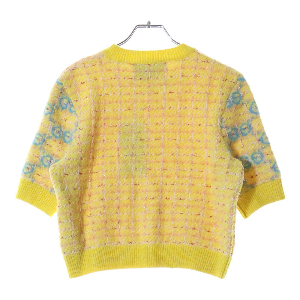 GUCCI(グッチ) GG 切り替え チェック柄 ファンシーツイード クルーネック 半袖ニット セーター イエロー レディース 749026
