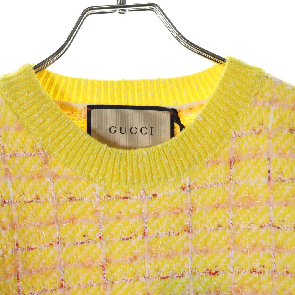 GUCCI(グッチ) GG 切り替え チェック柄 ファンシーツイード クルーネック 半袖ニット セーター イエロー レディース 749026