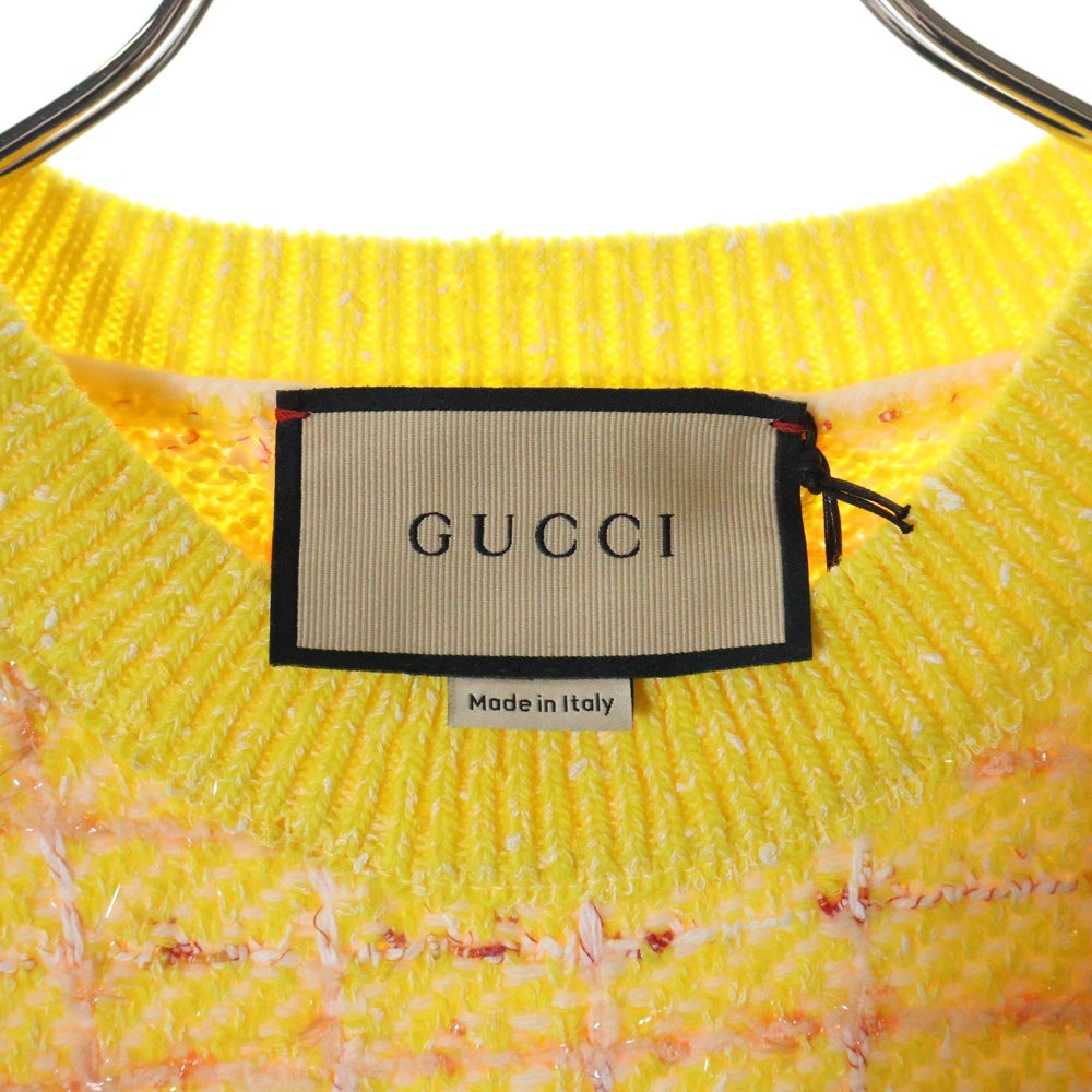 GUCCI(グッチ) GG 切り替え チェック柄 ファンシーツイード クルーネック 半袖ニット セーター イエロー レディース 749026