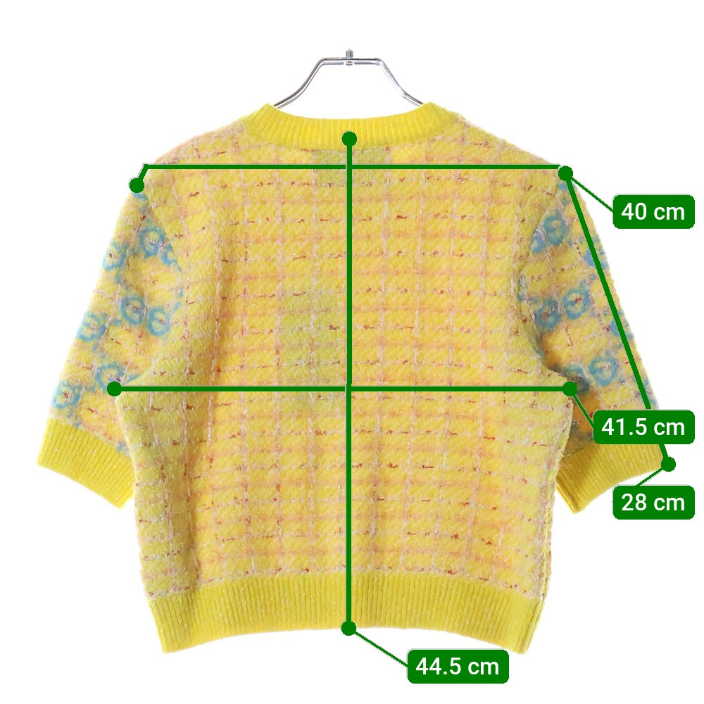 GUCCI(グッチ) GG 切り替え チェック柄 ファンシーツイード クルーネック 半袖ニット セーター イエロー レディース 749026