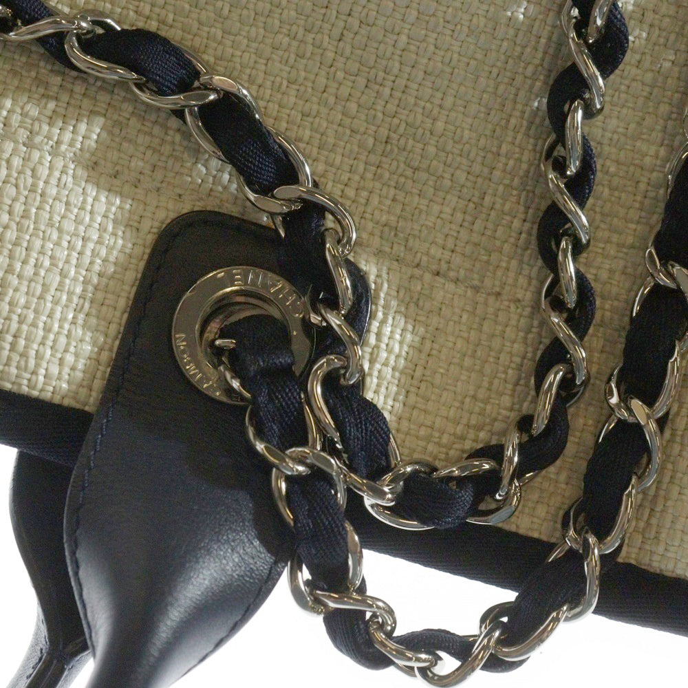 CHANEL(シャネル) ドーヴィルGM トートバッグ ハンドバッグ ホワイト×ネイビー シルバー金具 ラフィア