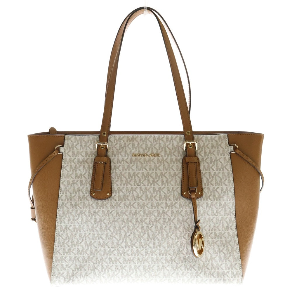 MICHAEL KORS(マイケルコース) MK柄 切り替え ロゴプレート PVC トートバッグ ゴールド金具 ブラウン