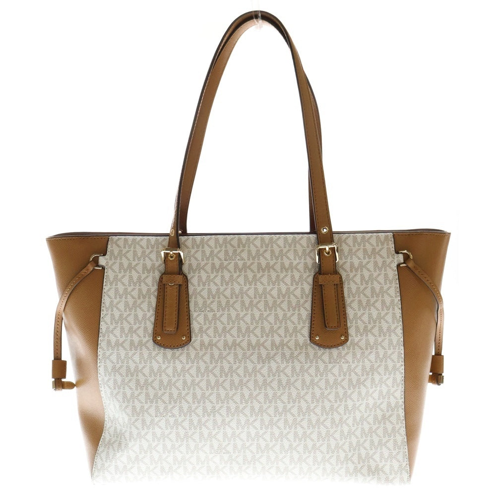 MICHAEL KORS(マイケルコース) MK柄 切り替え ロゴプレート PVC トートバッグ ゴールド金具 ブラウン