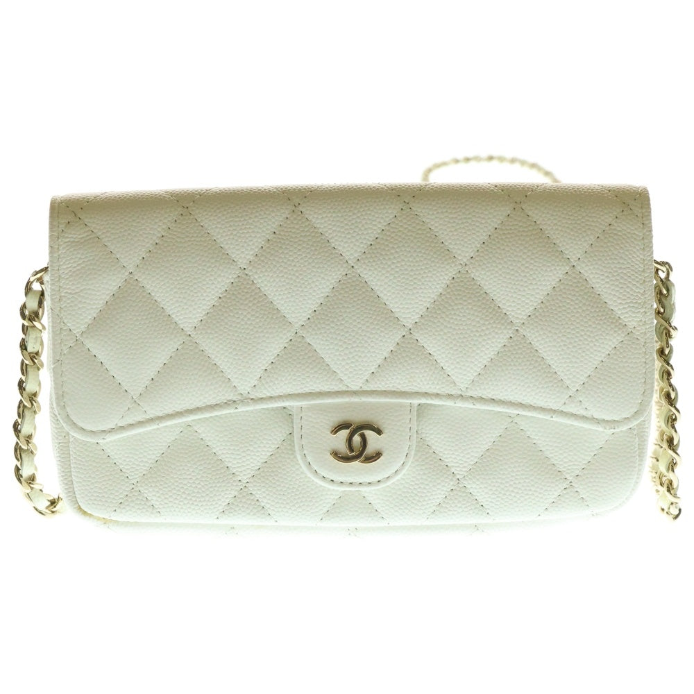 CHANEL(シャネル) ココマーク マトラッセ キャビアスキン レザーチェーンロングウォレット ショルダーバッグ ホワイト レディース AP2096