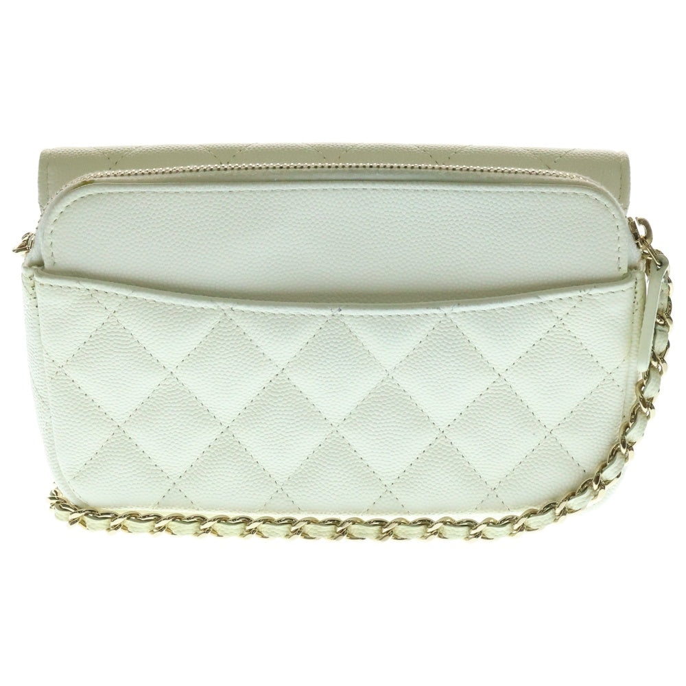 CHANEL(シャネル) ココマーク マトラッセ キャビアスキン レザーチェーンロングウォレット ショルダーバッグ ホワイト レディース AP2096
