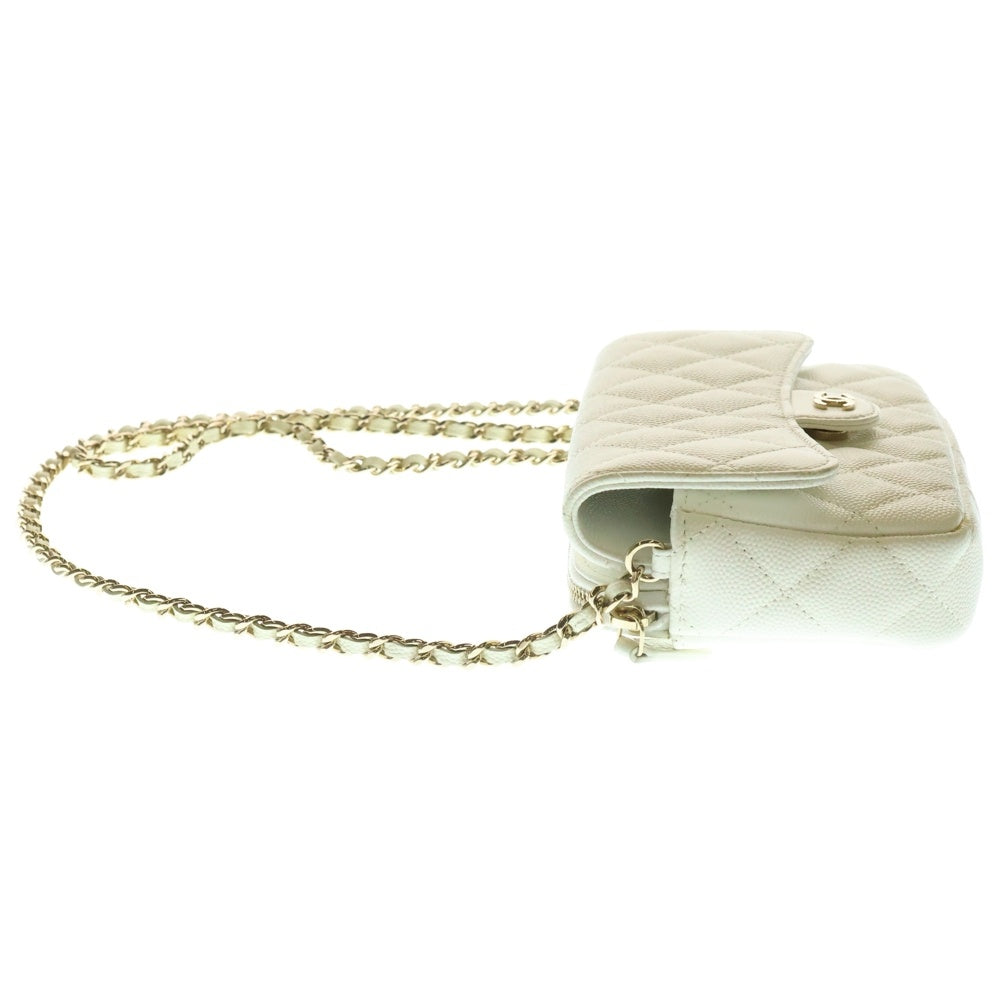 CHANEL(シャネル) ココマーク マトラッセ キャビアスキン レザーチェーンロングウォレット ショルダーバッグ ホワイト レディース AP2096