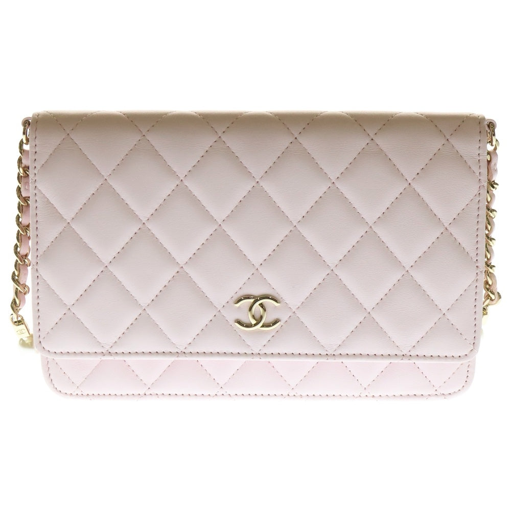 CHANEL(シャネル) ココマーク マトラッセ ラムスキン パールチェーンレザーショルダーバッグ チェーンロングウォレット ピンク レディース AP2579